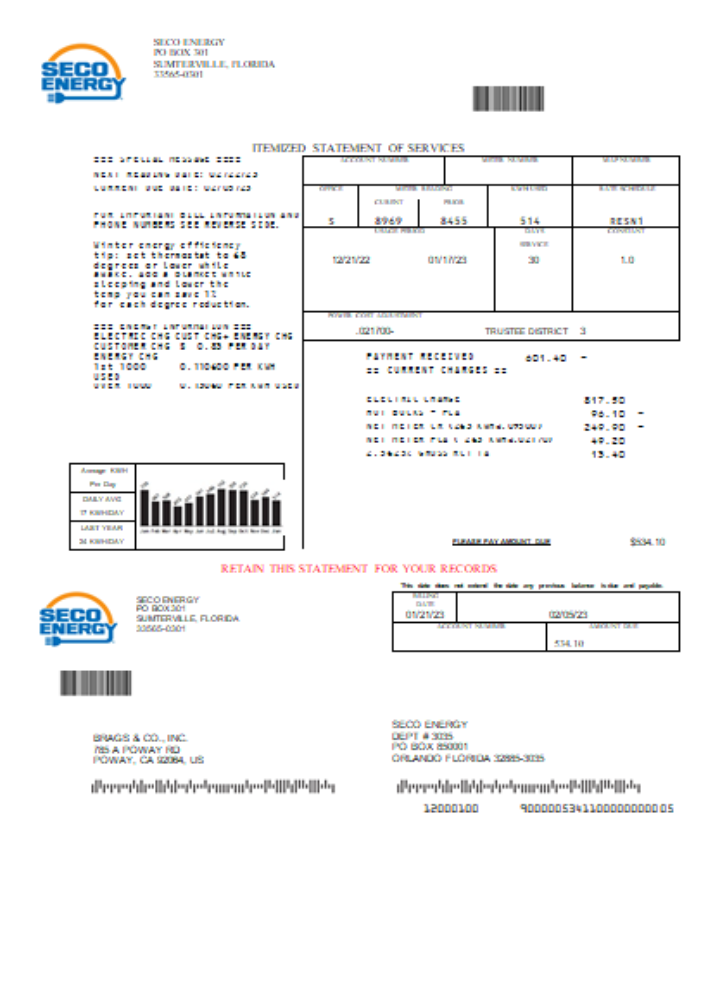 Seco Energy utility business bill, SCR PSD template